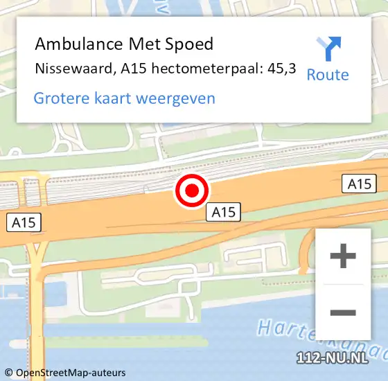 Locatie op kaart van de 112 melding: Ambulance Met Spoed Naar Nissewaard, A15 hectometerpaal: 45,3 op 25 november 2024 06:34