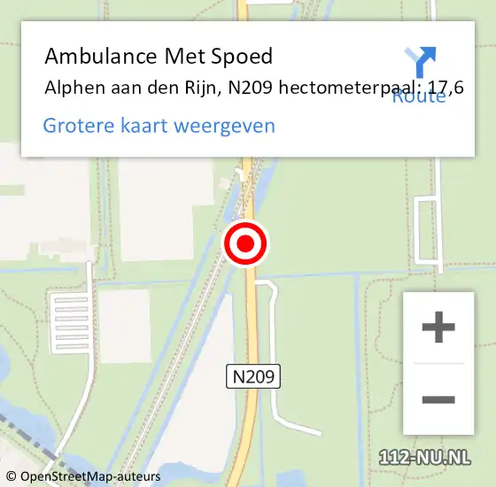 Locatie op kaart van de 112 melding: Ambulance Met Spoed Naar Alphen aan den Rijn, N209 hectometerpaal: 17,6 op 25 november 2024 07:17