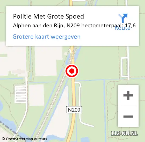 Locatie op kaart van de 112 melding: Politie Met Grote Spoed Naar Alphen aan den Rijn, N209 hectometerpaal: 17,6 op 25 november 2024 07:17