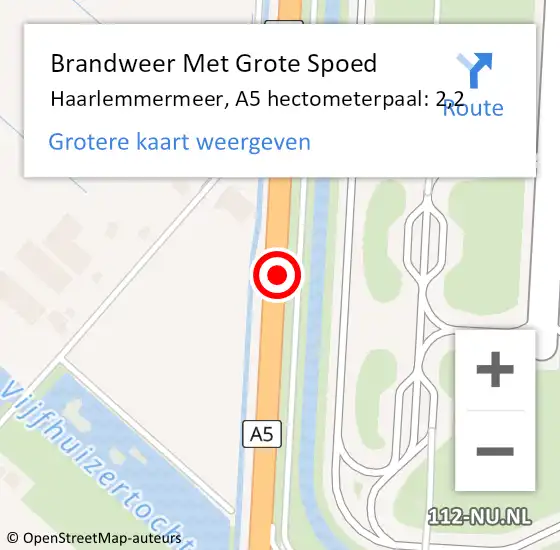 Locatie op kaart van de 112 melding: Brandweer Met Grote Spoed Naar Haarlemmermeer, A5 hectometerpaal: 2,2 op 25 november 2024 07:48