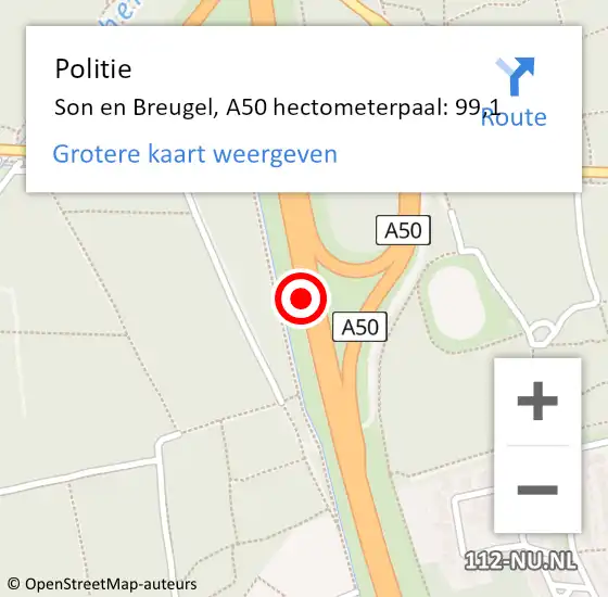 Locatie op kaart van de 112 melding: Politie Son en Breugel, A50 hectometerpaal: 99,1 op 25 november 2024 07:54