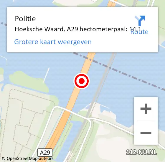 Locatie op kaart van de 112 melding: Politie Hoeksche Waard, A29 hectometerpaal: 14,1 op 25 november 2024 09:22