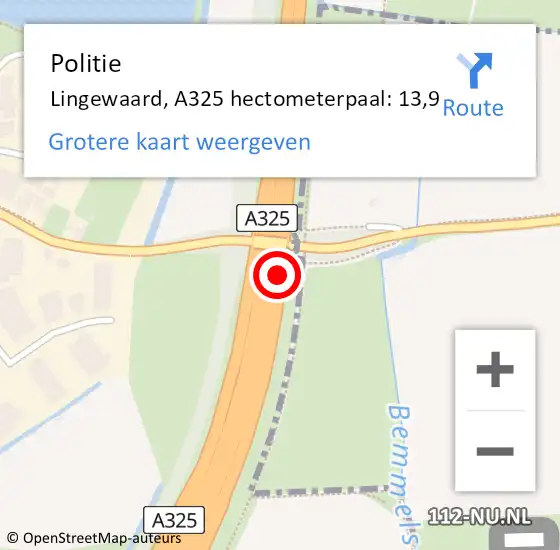 Locatie op kaart van de 112 melding: Politie Lingewaard, A325 hectometerpaal: 13,9 op 25 november 2024 09:48