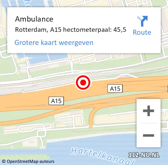 Locatie op kaart van de 112 melding: Ambulance Rotterdam, A15 hectometerpaal: 45,5 op 25 november 2024 10:17