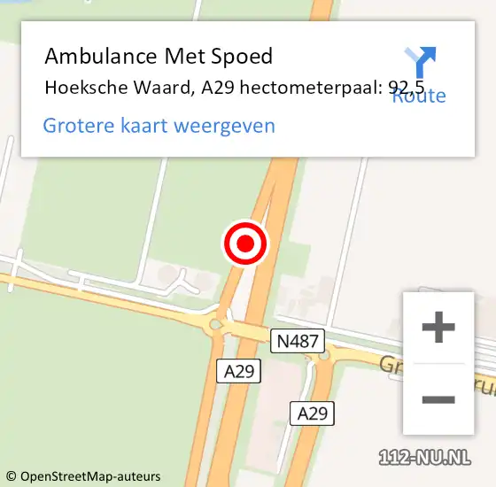 Locatie op kaart van de 112 melding: Ambulance Met Spoed Naar Hoeksche Waard, A29 hectometerpaal: 92,5 op 25 november 2024 10:32