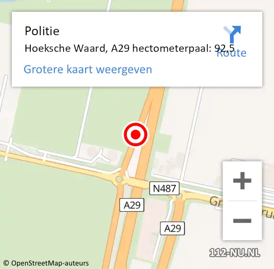 Locatie op kaart van de 112 melding: Politie Hoeksche Waard, A29 hectometerpaal: 92,5 op 25 november 2024 10:33