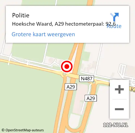 Locatie op kaart van de 112 melding: Politie Hoeksche Waard, A29 hectometerpaal: 92,6 op 25 november 2024 10:35