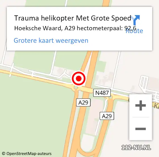 Locatie op kaart van de 112 melding: Trauma helikopter Met Grote Spoed Naar Hoeksche Waard, A29 hectometerpaal: 92,6 op 25 november 2024 10:37