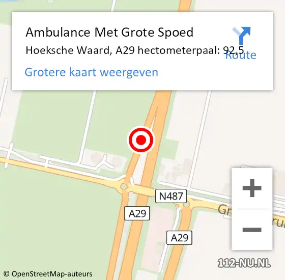 Locatie op kaart van de 112 melding: Ambulance Met Grote Spoed Naar Hoeksche Waard, A29 hectometerpaal: 92,5 op 25 november 2024 10:37