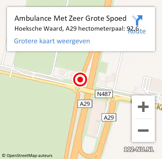 Locatie op kaart van de 112 melding: Ambulance Met Zeer Grote Spoed Naar Hoeksche Waard, A29 hectometerpaal: 92,6 op 25 november 2024 10:40