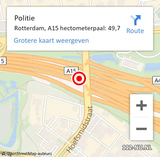 Locatie op kaart van de 112 melding: Politie Rotterdam, A15 hectometerpaal: 49,7 op 25 november 2024 12:06