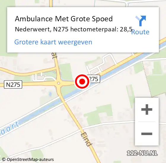 Locatie op kaart van de 112 melding: Ambulance Met Grote Spoed Naar Nederweert, N275 hectometerpaal: 28,5 op 25 november 2024 12:34