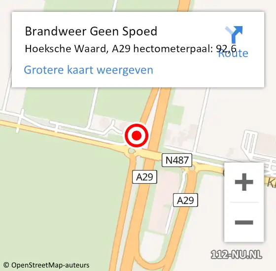 Locatie op kaart van de 112 melding: Brandweer Geen Spoed Naar Hoeksche Waard, A29 hectometerpaal: 92,6 op 25 november 2024 12:48