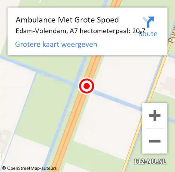 Locatie op kaart van de 112 melding: Ambulance Met Grote Spoed Naar Edam-Volendam, A7 hectometerpaal: 20,7 op 25 november 2024 13:08