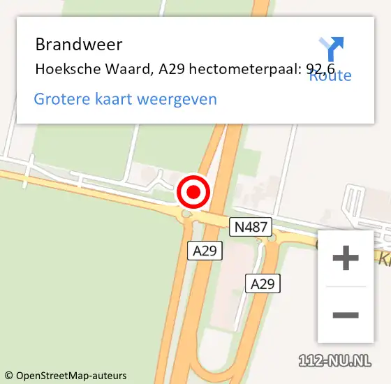 Locatie op kaart van de 112 melding: Brandweer Hoeksche Waard, A29 hectometerpaal: 92,6 op 25 november 2024 14:45