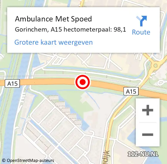 Locatie op kaart van de 112 melding: Ambulance Met Spoed Naar Gorinchem, A15 hectometerpaal: 98,1 op 25 november 2024 15:45