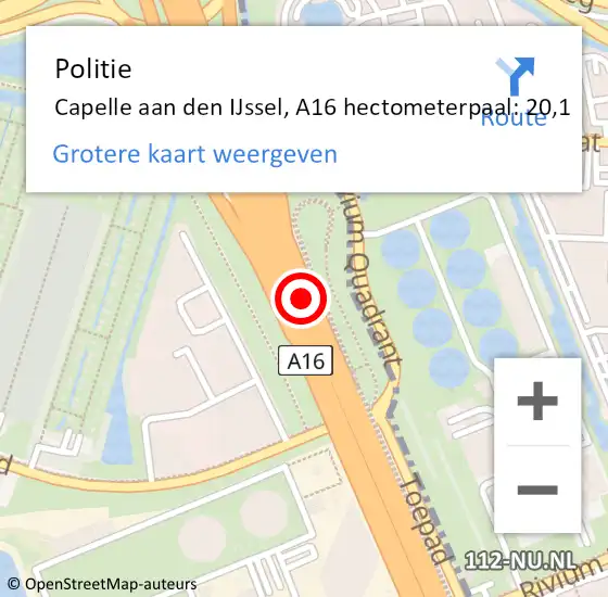 Locatie op kaart van de 112 melding: Politie Capelle aan den IJssel, A16 hectometerpaal: 20,1 op 25 november 2024 15:46