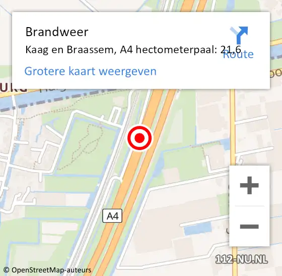 Locatie op kaart van de 112 melding: Brandweer Kaag en Braassem, A4 hectometerpaal: 21,6 op 25 november 2024 16:39