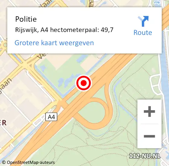 Locatie op kaart van de 112 melding: Politie Rijswijk, A4 hectometerpaal: 49,7 op 25 november 2024 16:44