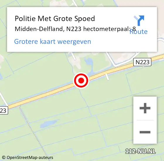 Locatie op kaart van de 112 melding: Politie Met Grote Spoed Naar Midden-Delfland, N223 hectometerpaal: 15 op 25 november 2024 16:58