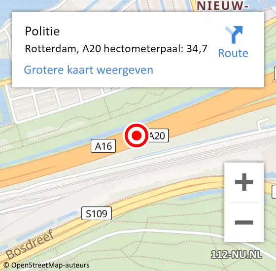 Locatie op kaart van de 112 melding: Politie Rotterdam, A20 hectometerpaal: 34,7 op 25 november 2024 17:17