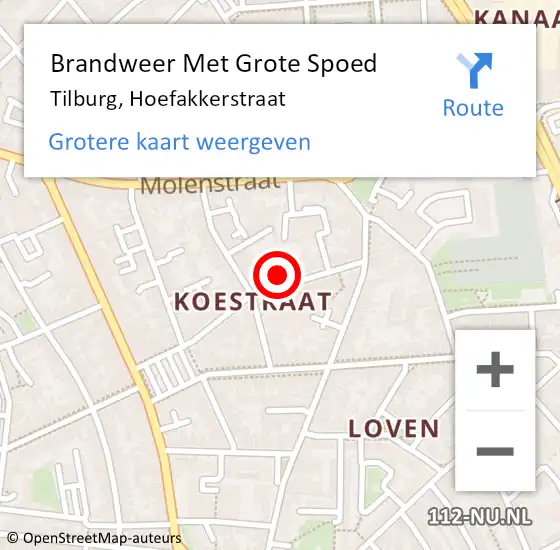 Locatie op kaart van de 112 melding: Brandweer Met Grote Spoed Naar Tilburg, Hoefakkerstraat op 25 november 2024 18:05