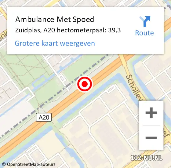 Locatie op kaart van de 112 melding: Ambulance Met Spoed Naar Zuidplas, A20 hectometerpaal: 39,3 op 25 november 2024 18:13