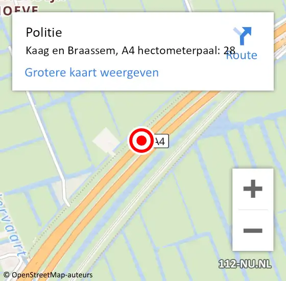 Locatie op kaart van de 112 melding: Politie Kaag en Braassem, A4 hectometerpaal: 28 op 25 november 2024 18:16