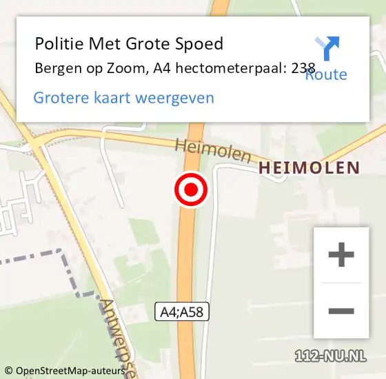 Locatie op kaart van de 112 melding: Politie Met Grote Spoed Naar Bergen op Zoom, A4 hectometerpaal: 238 op 25 november 2024 18:22