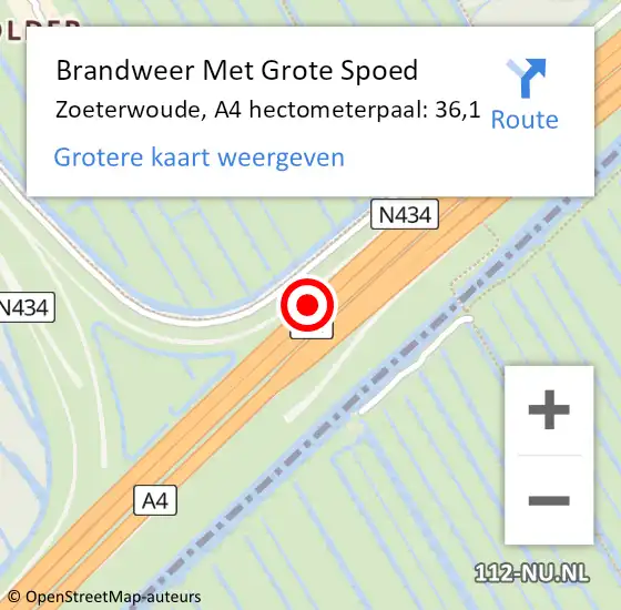 Locatie op kaart van de 112 melding: Brandweer Met Grote Spoed Naar Zoeterwoude, A4 hectometerpaal: 36,1 op 25 november 2024 18:39