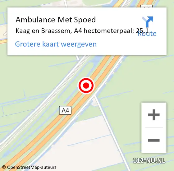 Locatie op kaart van de 112 melding: Ambulance Met Spoed Naar Kaag en Braassem, A4 hectometerpaal: 25,1 op 25 november 2024 18:39