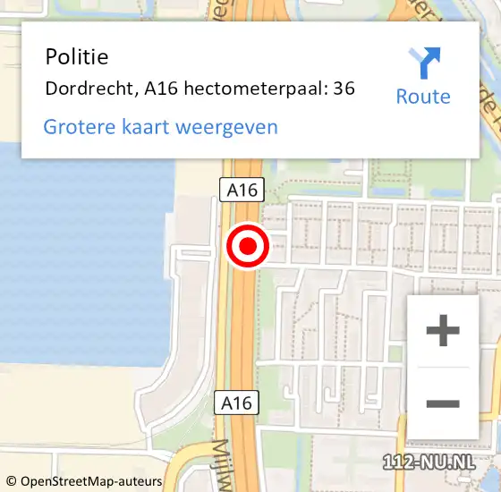 Locatie op kaart van de 112 melding: Politie Dordrecht, A16 hectometerpaal: 36 op 25 november 2024 20:56