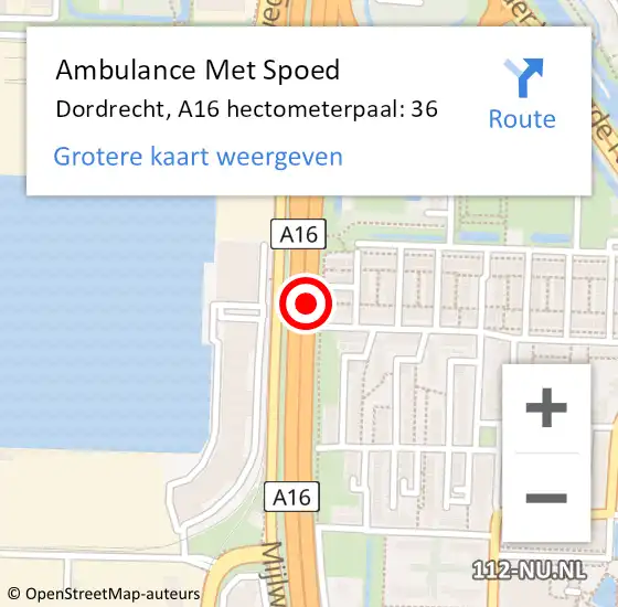 Locatie op kaart van de 112 melding: Ambulance Met Spoed Naar Dordrecht, A16 hectometerpaal: 36 op 25 november 2024 21:01