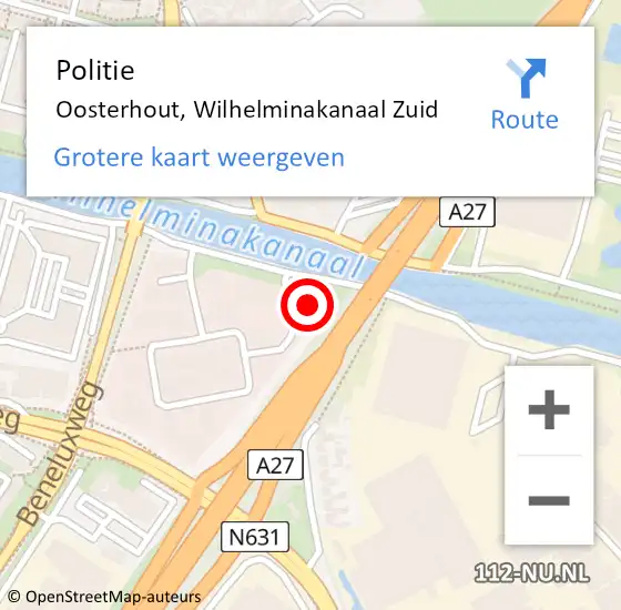 Locatie op kaart van de 112 melding: Politie Oosterhout, Wilhelminakanaal Zuid op 25 november 2024 21:04