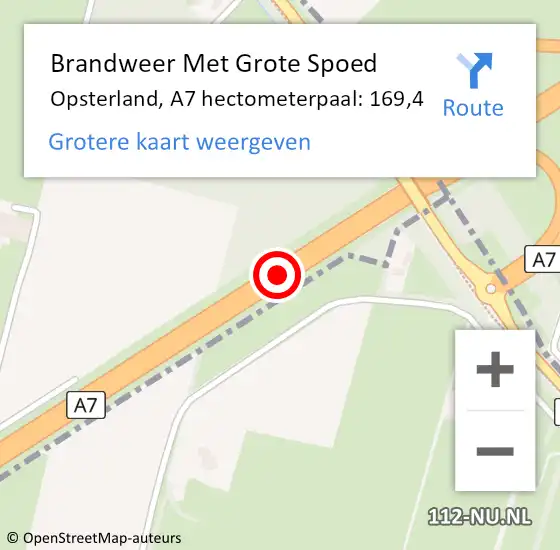 Locatie op kaart van de 112 melding: Brandweer Met Grote Spoed Naar Opsterland, A7 hectometerpaal: 169,4 op 25 november 2024 22:03