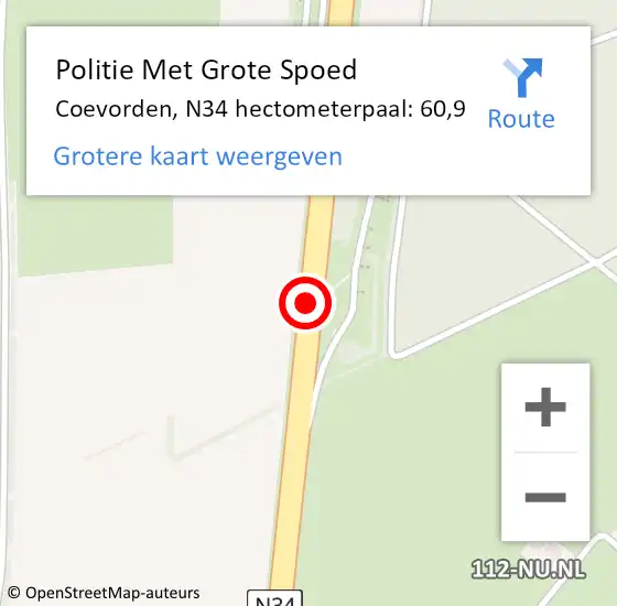 Locatie op kaart van de 112 melding: Politie Met Grote Spoed Naar Coevorden, N34 hectometerpaal: 60,9 op 25 november 2024 23:44