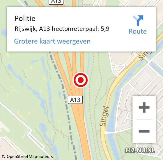 Locatie op kaart van de 112 melding: Politie Rijswijk, A13 hectometerpaal: 5,9 op 26 november 2024 01:34