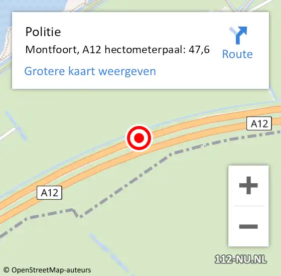 Locatie op kaart van de 112 melding: Politie Montfoort, A12 hectometerpaal: 47,6 op 26 november 2024 03:48