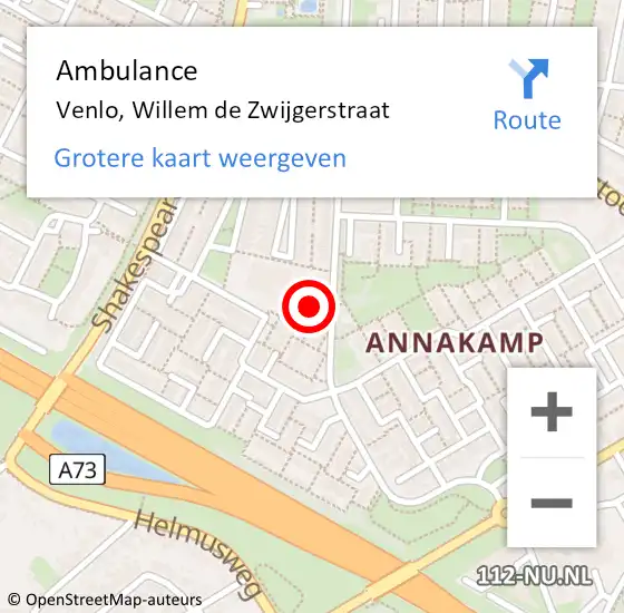 Locatie op kaart van de 112 melding: Ambulance Venlo, Willem de Zwijgerstraat op 28 oktober 2014 09:29