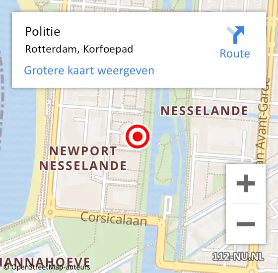 Locatie op kaart van de 112 melding: Politie Rotterdam, Korfoepad op 26 november 2024 06:05