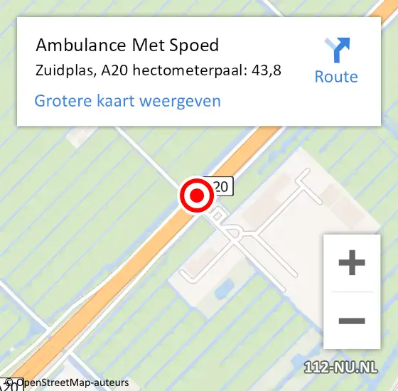 Locatie op kaart van de 112 melding: Ambulance Met Spoed Naar Zuidplas, A20 hectometerpaal: 43,8 op 26 november 2024 06:39