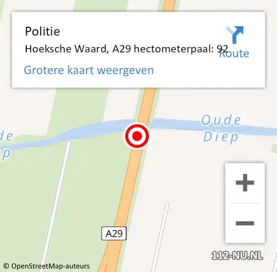 Locatie op kaart van de 112 melding: Politie Hoeksche Waard, A29 hectometerpaal: 92 op 26 november 2024 07:09