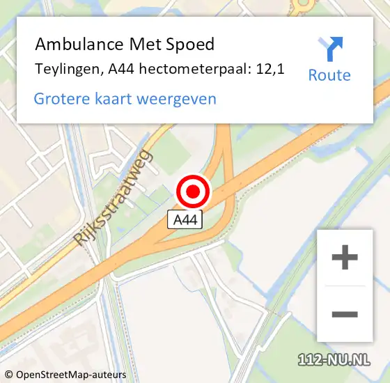 Locatie op kaart van de 112 melding: Ambulance Met Spoed Naar Teylingen, A44 hectometerpaal: 12,1 op 26 november 2024 07:24