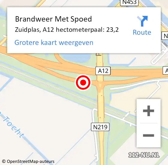 Locatie op kaart van de 112 melding: Brandweer Met Spoed Naar Zuidplas, A12 hectometerpaal: 23,2 op 26 november 2024 07:53