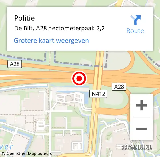 Locatie op kaart van de 112 melding: Politie De Bilt, A28 hectometerpaal: 2,2 op 26 november 2024 07:54