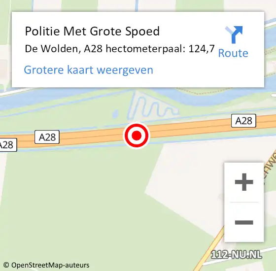 Locatie op kaart van de 112 melding: Politie Met Grote Spoed Naar De Wolden, A28 hectometerpaal: 124,7 op 26 november 2024 08:18