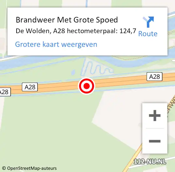 Locatie op kaart van de 112 melding: Brandweer Met Grote Spoed Naar De Wolden, A28 hectometerpaal: 124,7 op 26 november 2024 08:19