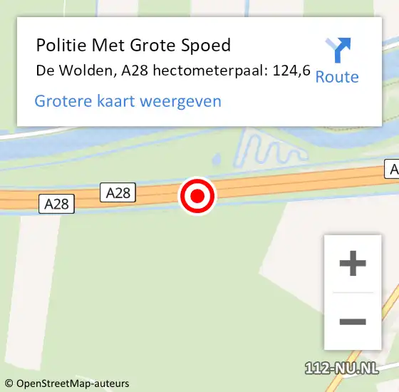 Locatie op kaart van de 112 melding: Politie Met Grote Spoed Naar De Wolden, A28 hectometerpaal: 124,6 op 26 november 2024 08:22