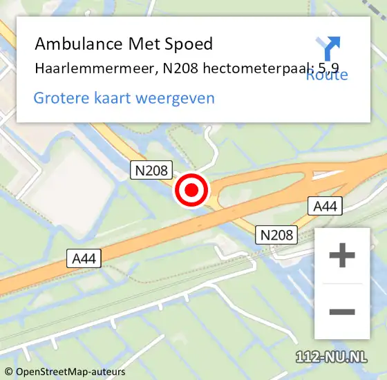 Locatie op kaart van de 112 melding: Ambulance Met Spoed Naar Haarlemmermeer, N208 hectometerpaal: 5,9 op 26 november 2024 09:22