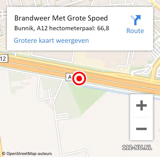 Locatie op kaart van de 112 melding: Brandweer Met Grote Spoed Naar Bunnik, A12 hectometerpaal: 66,8 op 26 november 2024 09:22